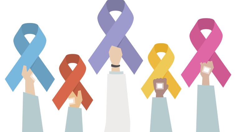 Illustrated arms holding colorful cancer awareness ribbons.