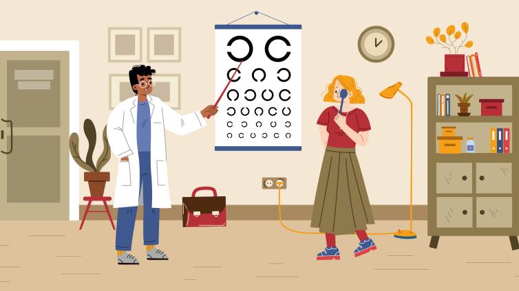 Illustrated photo of an eye doctor instructing a patient to read an eye chart.